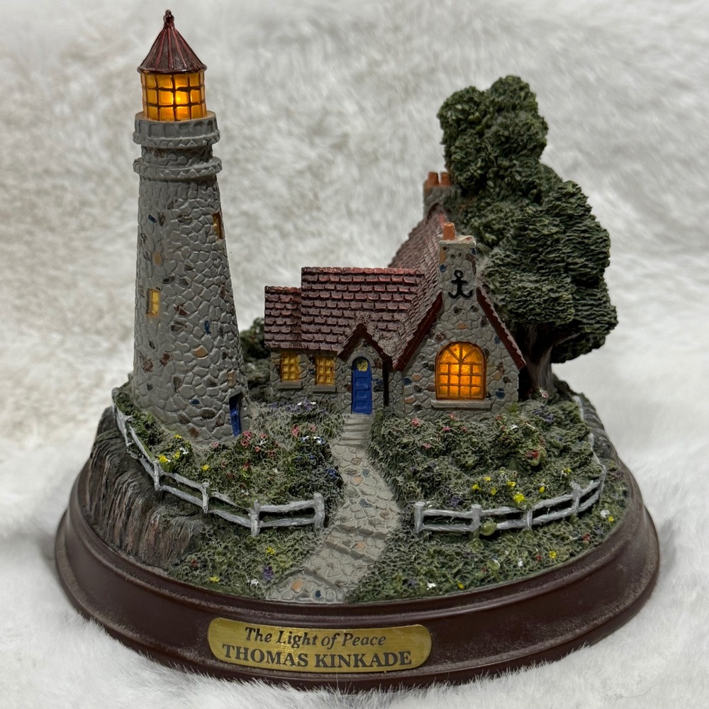 Thomas Kinkade The Light of Peace Illuminated Lighthouse Figurine Cottage Glow